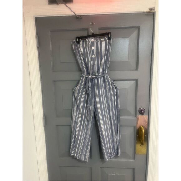 Cloth & Stone Linen Rayon Blue & White Striped Strapless Removable Belt Jumper S - Picture 1 of 9